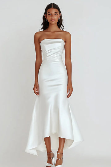White Strapless Sheath Satin Ruffled Wedding Dress